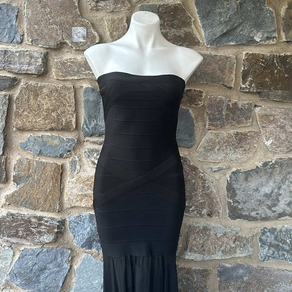 JS Collections Black Strapless Bodycon Gown Bandage Maxi Dress Sheer Size 4 $298 - Picture 2 of 9